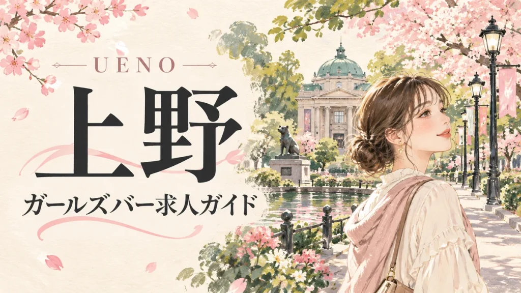 上野。がーるずわーくのお役立ち記事を案内する水彩風イラスト。
